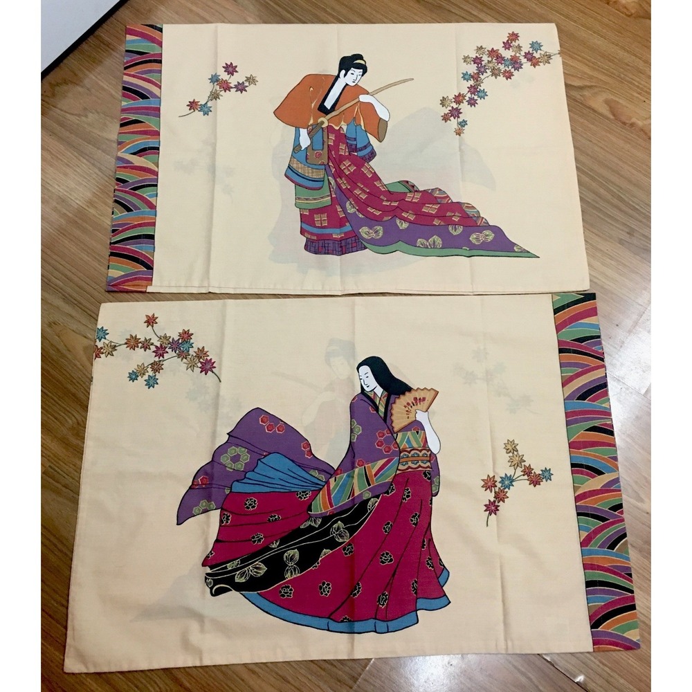 Vintage Japanese Wedding Couple King Pillow Cases Reverse Double Sided 29"x 19"